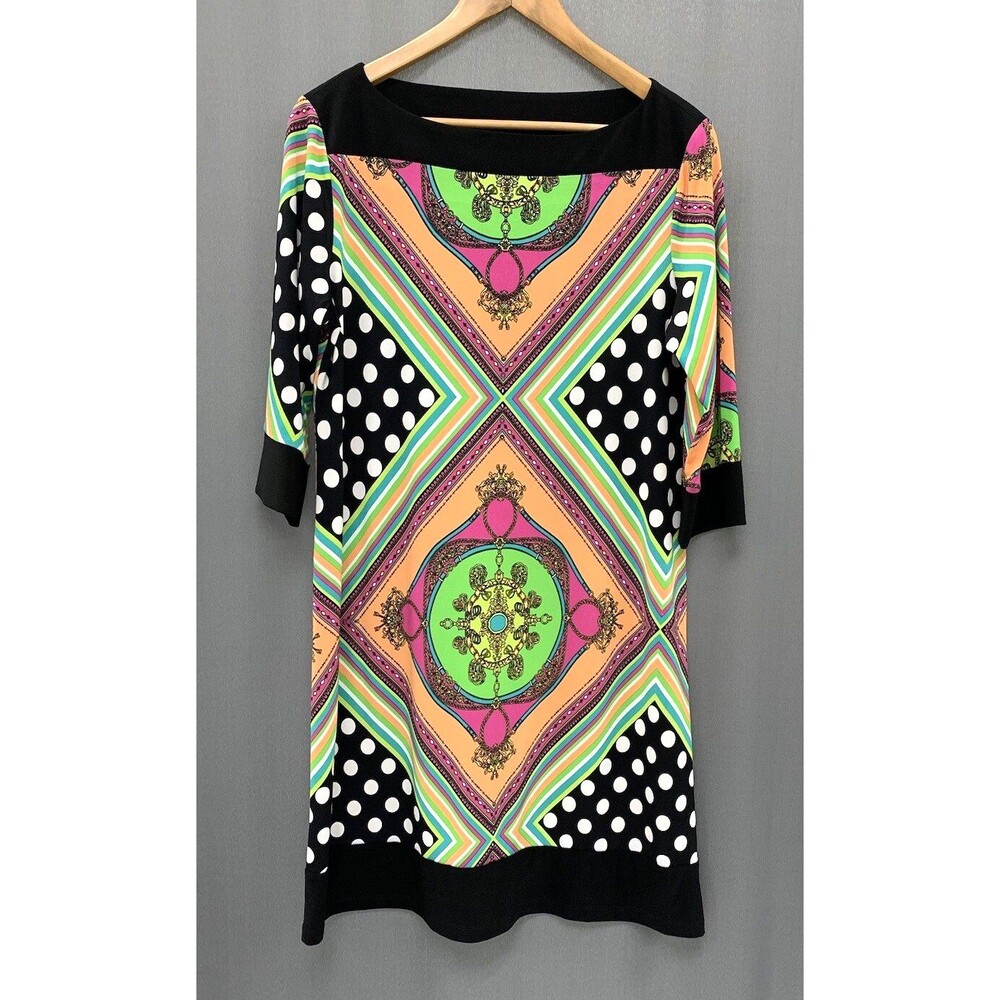 Emma & Michele Colorful Knit Shift Dress Large Polka Dot Bold Eclectic Hippie